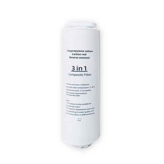 Home Roast 3-i-1 kompositfilter til Premium Vandrenser med PP-bomuld, aktivt kul og RO-membran for effektiv vandfiltrering.